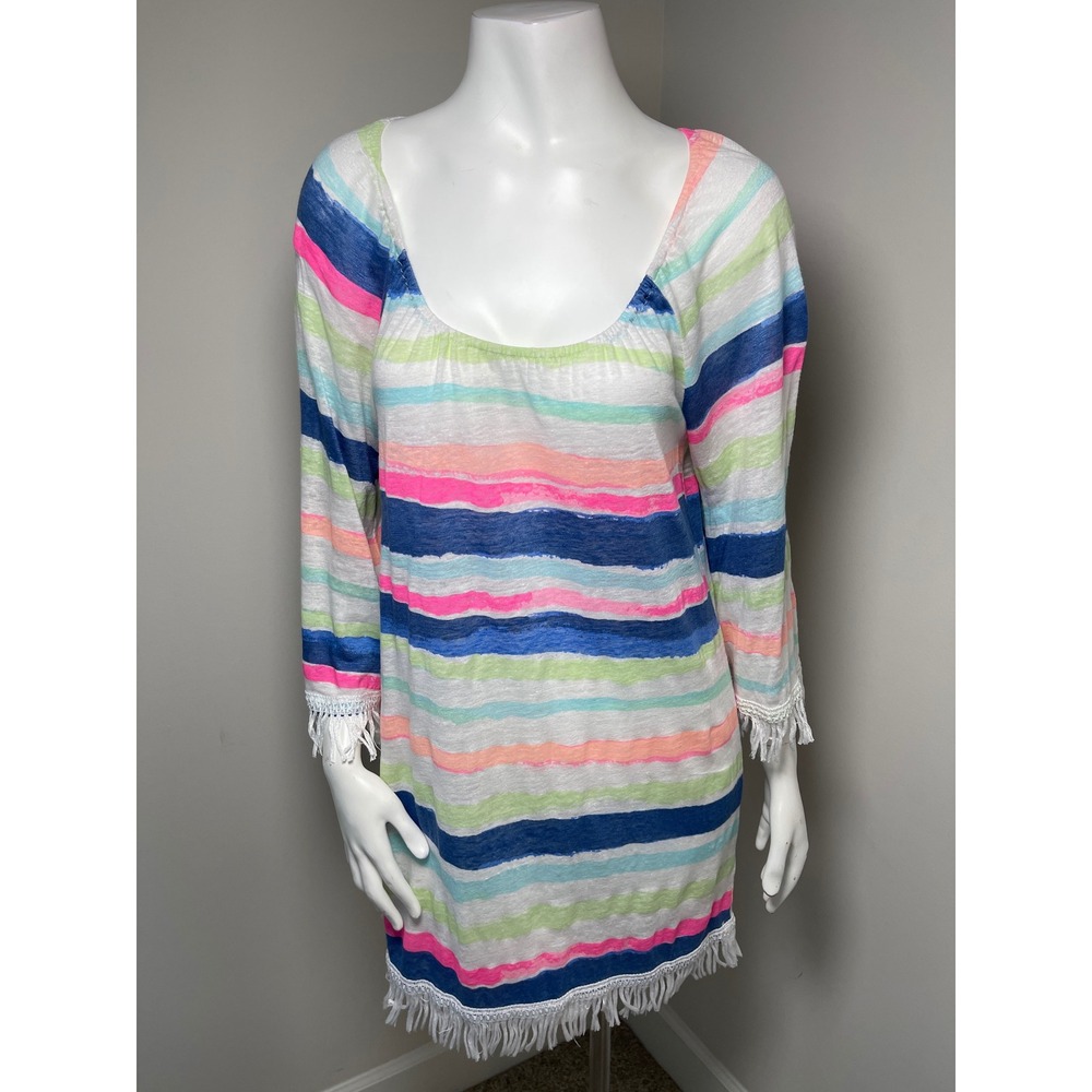Lilly Pulitzer 100% Linen Stripe Fringe Cover Up Dress S Bell Sleeves